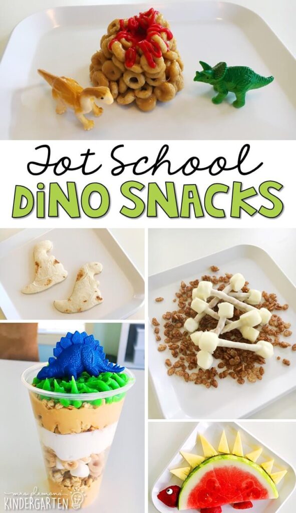 These yummy snacks are perfect for a dinosaur theme in tot school, preschool, or kindergarten!