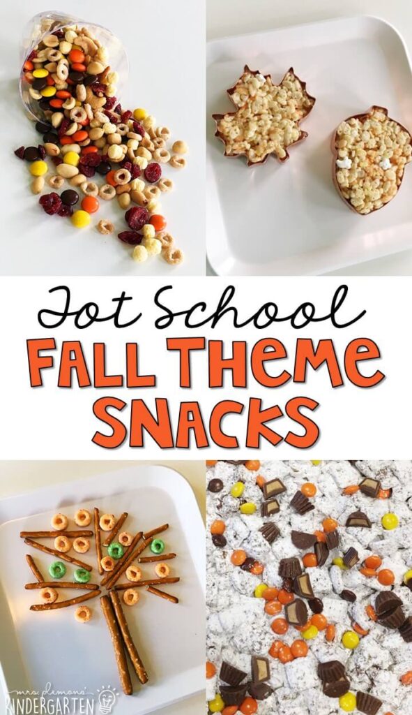 These yummy fall themed snacks are perfect for a fall theme in tot school, preschool, or kindergarten!