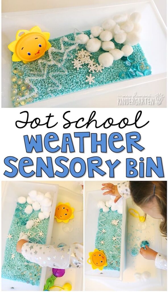 We LOVE this weather themed sensory bin. Great for tot school, preschool, or even kindergarten!