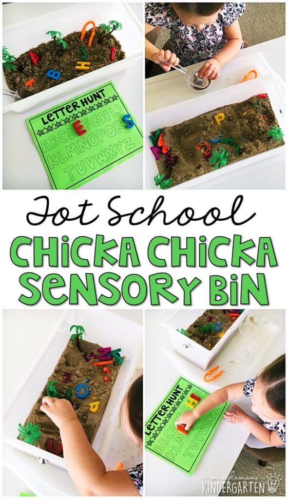We LOVE this Chicka Chicka Boom Boom sensory bin. Great for tot school, preschool, or even kindergarten!