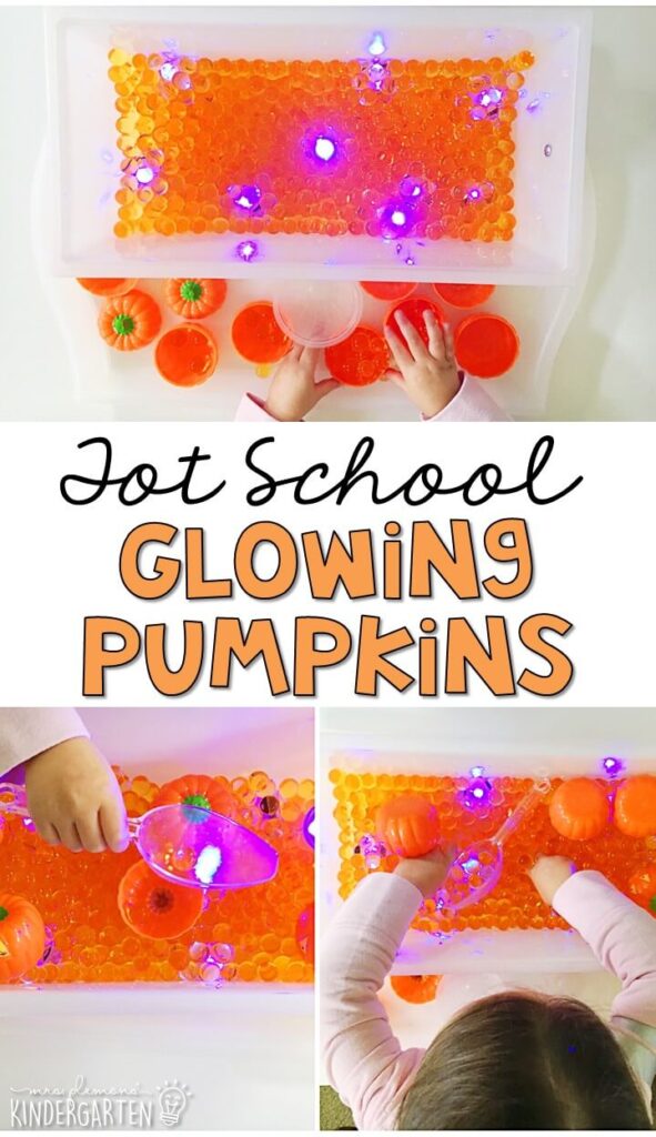 We LOVE this glowing pumpkins sensory bin. Great for Halloween in tot school, preschool, or even kindergarten!