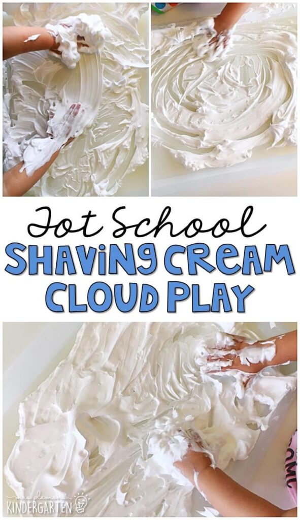 Playing with clouds is SUPER easy with this shaving cream cloud sensory bin. Great for tot school, preschool, or even kindergarten!