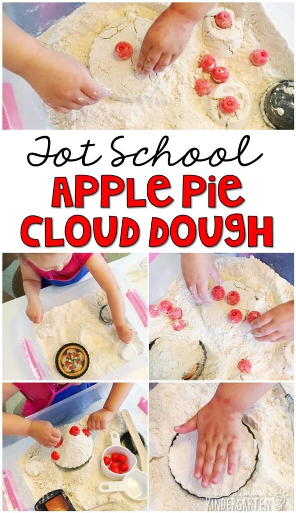 This apple scented cloud dough was super fun to play and make pies with in our apple pie sensory bin. Great for tot school, preschool, or even kindergarten!