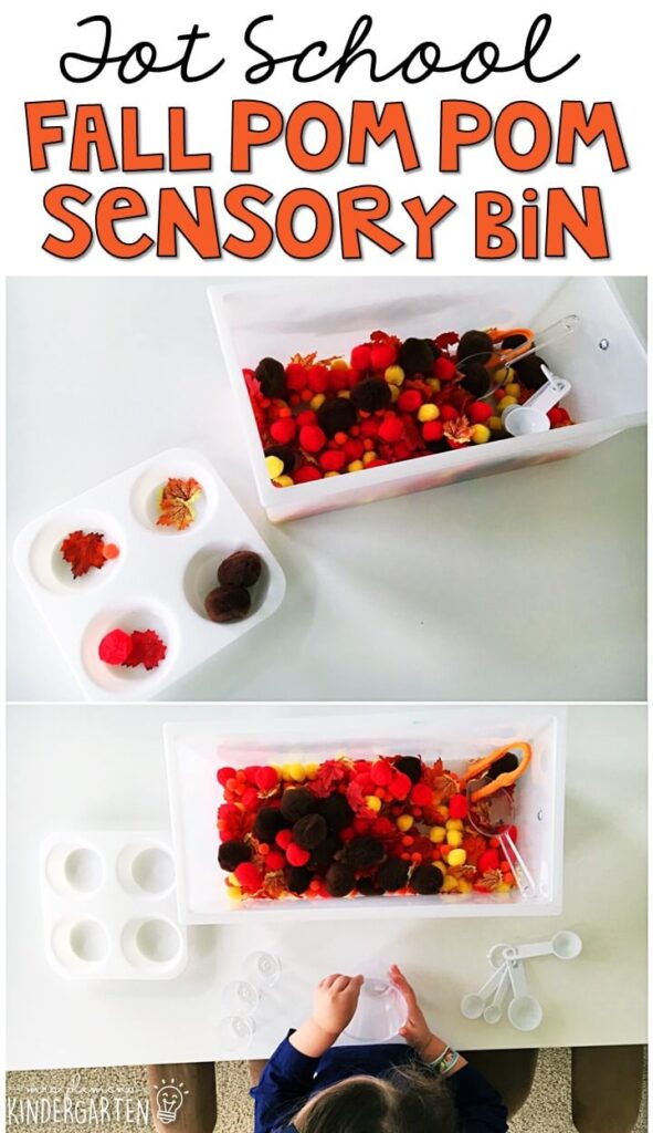 We LOVE this fall pom pom sensory bin. Work on fine motor skills, identifying and sorting colors. Great for a fall theme in tot school, preschool, or even kindergarten!