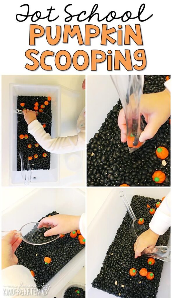 We LOVE this pumpkin scooping sensory bin. Great for Halloween in tot school, preschool, or even kindergarten!