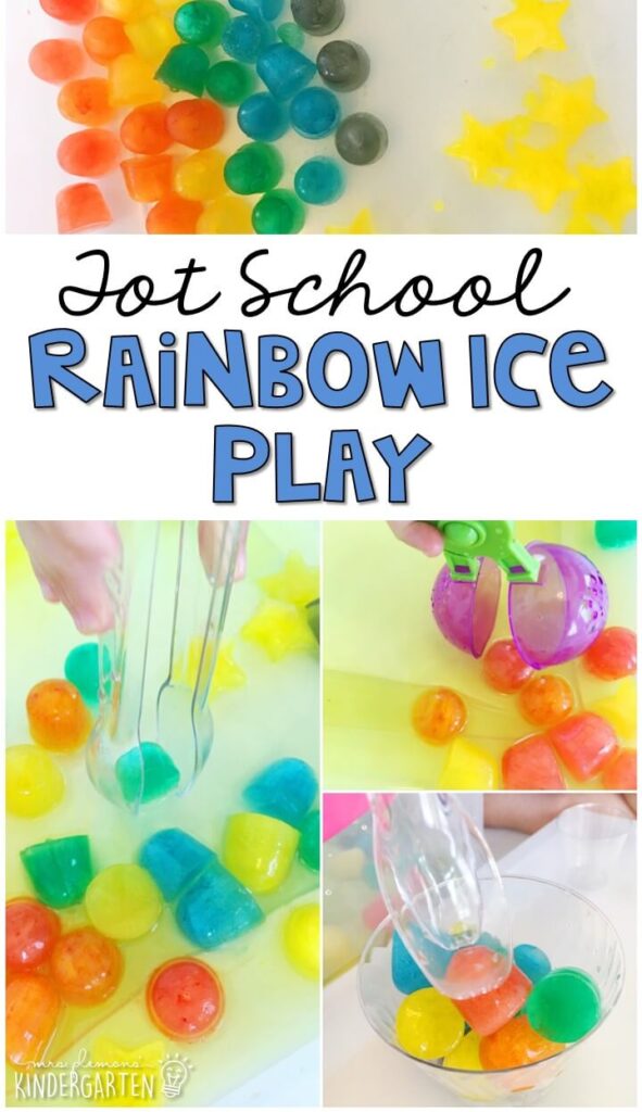 We LOVE this rainbow ice play sensory bin for our weather theme. Great for tot school, preschool, or even kindergarten!