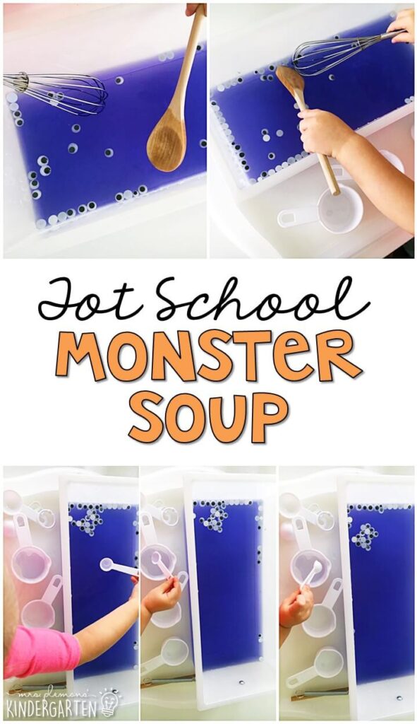 We LOVE this easy monster soup sensory bin. Great for Halloween in tot school, preschool, or even kindergarten!