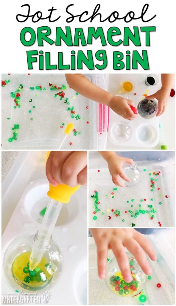 We LOVE this ornament water filling sensory bin. Great for Christmas time in tot school, preschool, or even kindergarten!