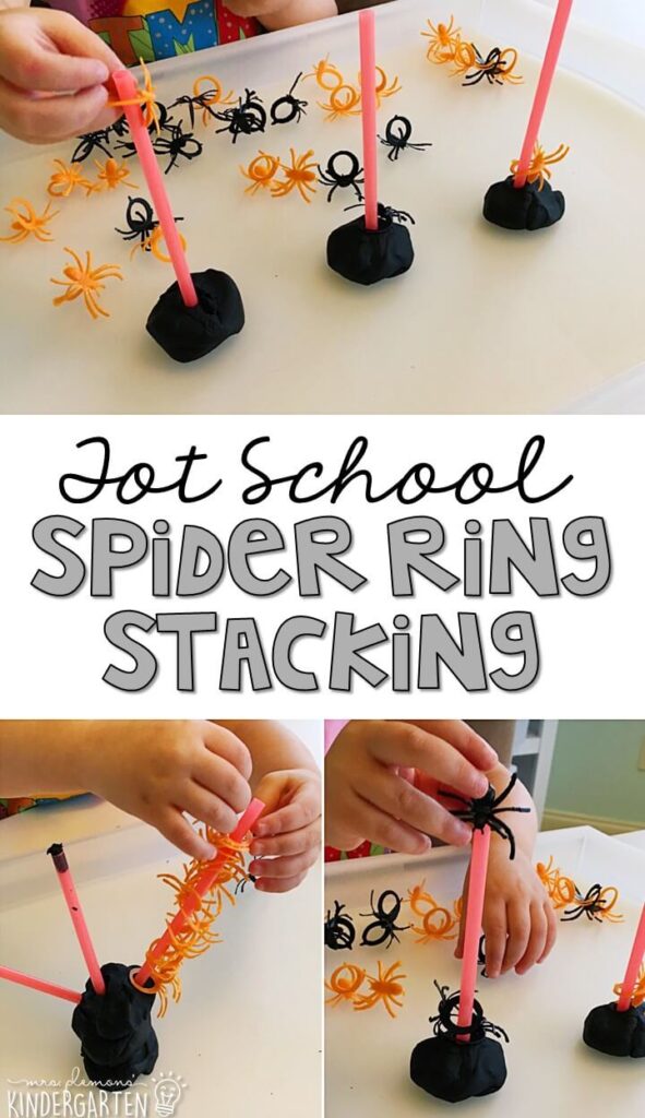 Spider ring stacking is great fine motor practice with a spooky theme. Great for tot school, preschool, or even kindergarten!