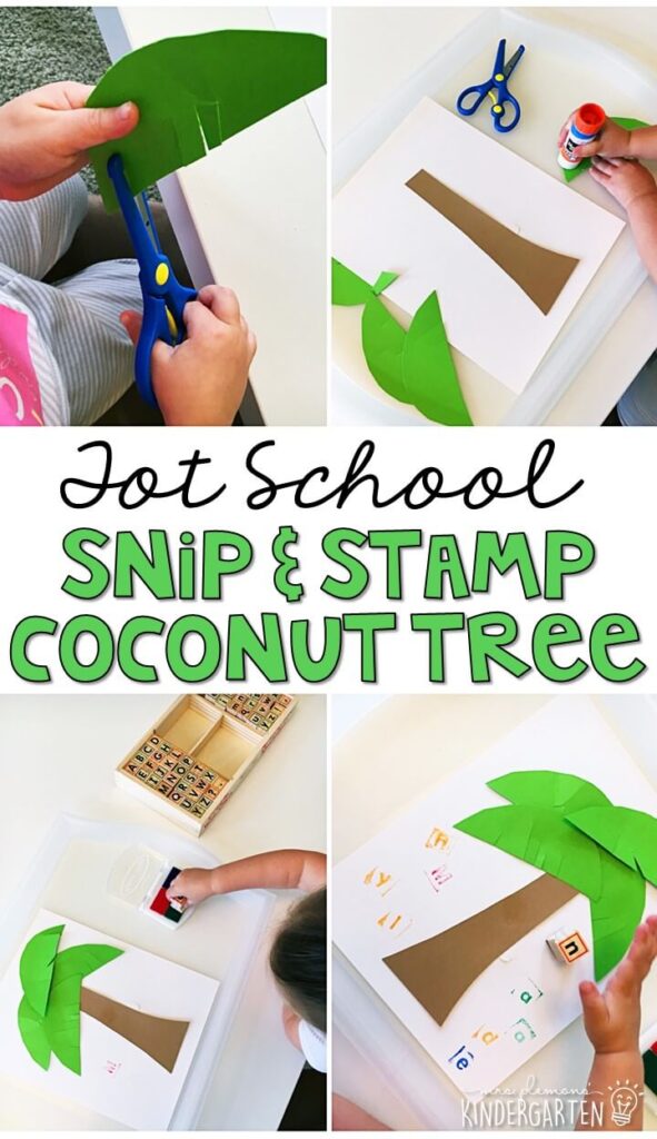 This snip and stamp coconut tree is great for alphabet and fine motor practice with a Chicka Chicka Boom Boom theme. Great for tot school, preschool, or even kindergarten!
