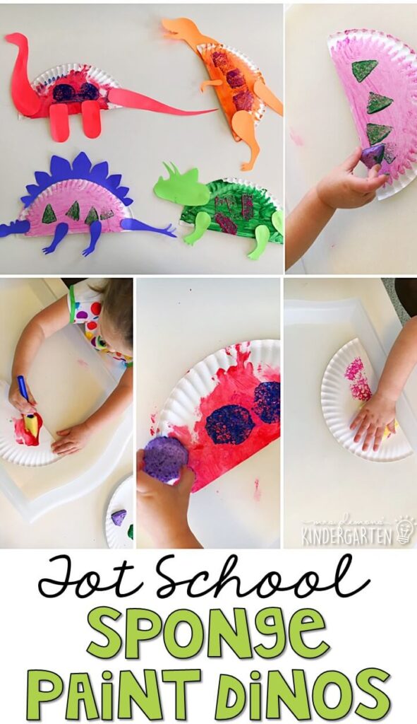 These sponge paint dinosaurs turned out so cute and incorporated lots of fine motor practice. Great for tot school, preschool, or even kindergarten!