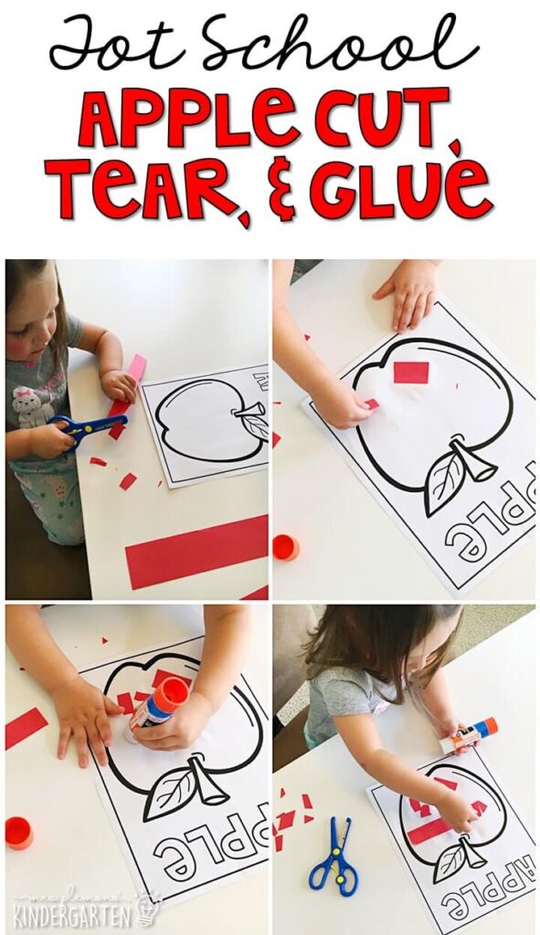 Cutting, tearing and gluing fine motor practice with an apple theme. Great for tot school, preschool, or even kindergarten!