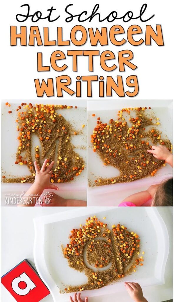 This Halloween sprinkle writing tray is a fun way to practice letters and fine motor skills with a Halloween theme. Great for tot school, preschool, or even kindergarten!