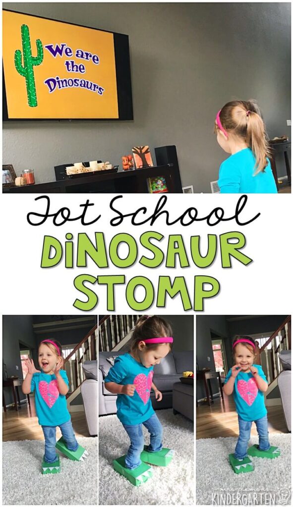 Learning is more fun when it involves movement! We Are the Dinosaurs is one of our favorite movement songs, and it went perfectly with this Dinosaur Stomp gross motor activity. Great for tot school, preschool, or even kindergarten!