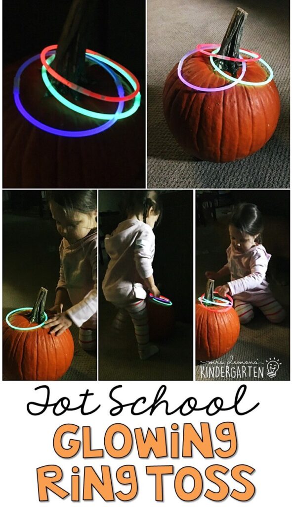 Learning is more fun when it involves movement! Practice throwing with this glowing pumpkin ring toss gross motor game. Great for tot school, preschool, or even kindergarten!