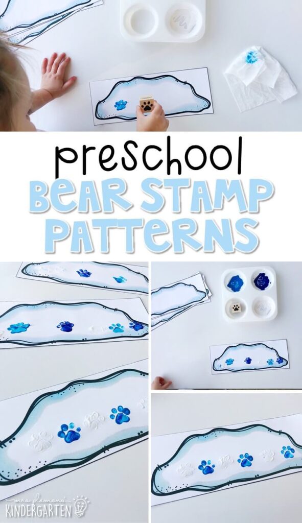 Practice patterns and fine motor skills with this bear track play dough stamping activity. Perfect for a polar bear or winter theme in tot school, preschool, or even kindergarten!