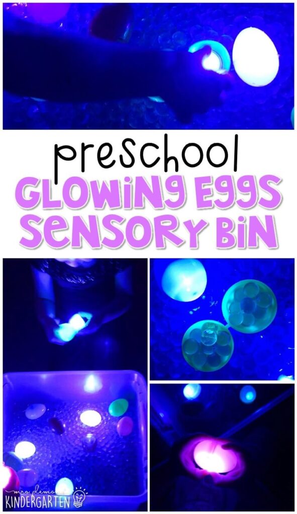 We LOVE this glowing eggs sensory bin. Perfect for exploration with an Easter theme in tot school, preschool, or even kindergarten!