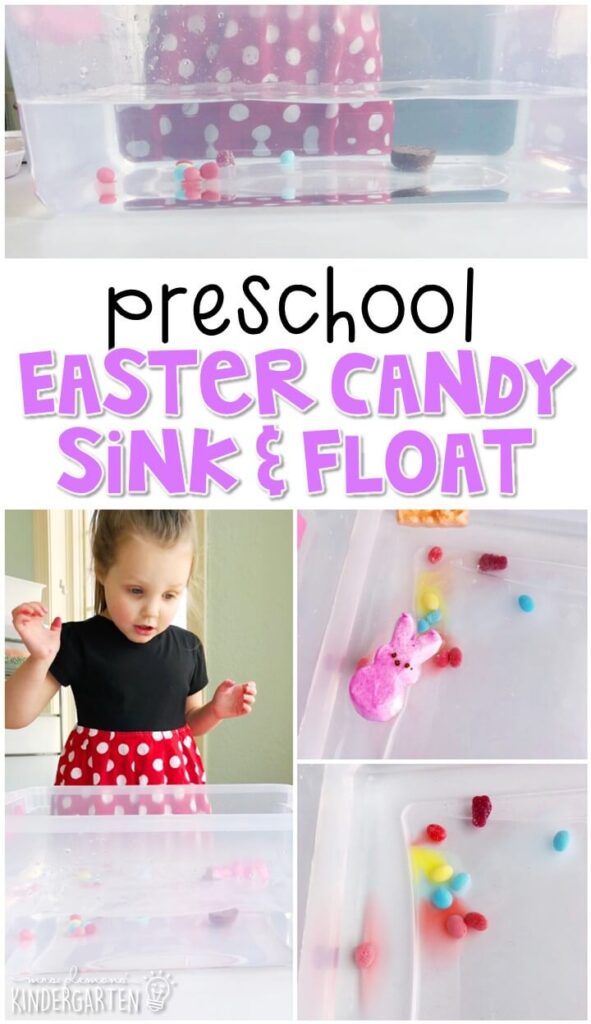 This Easter candy sink/float bin was really fun to explore science concepts. Great for an Easter theme in tot school, preschool, or even kindergarten!