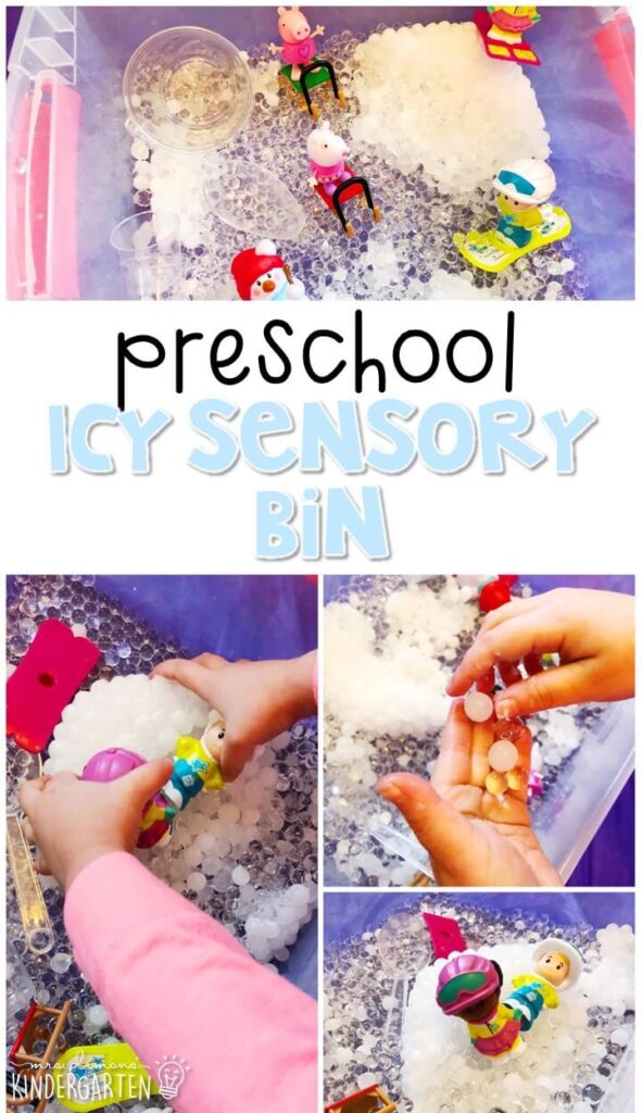 We LOVE this icy sensory bin. Perfect for exploration with a winter theme in tot school, preschool, or even kindergarten!