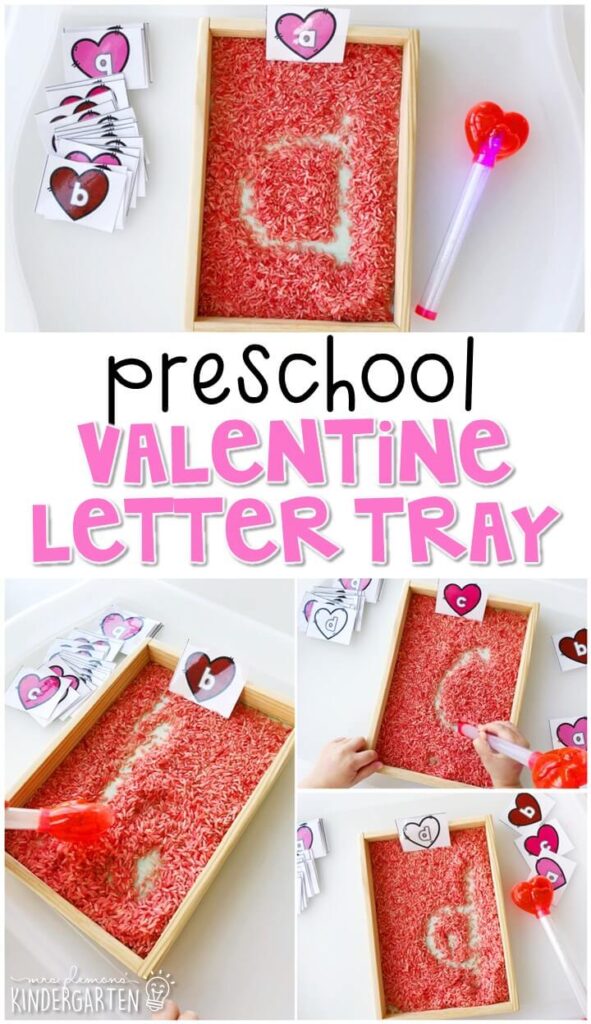 This valentines themed letter writing tray is fun for letter writing and fine motor practice with a valentines theme. Great for tot school, preschool, or even kindergarten!