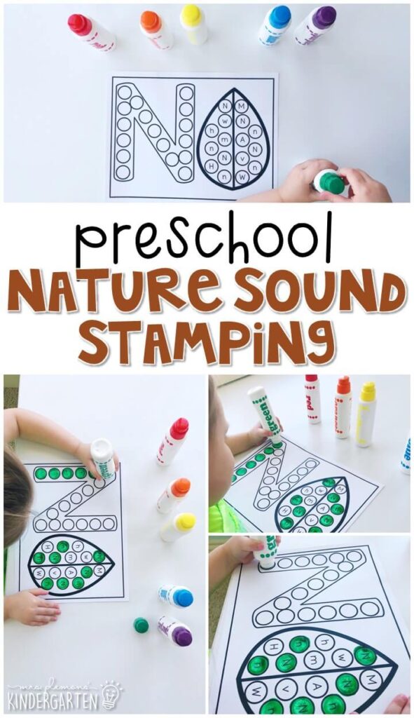 This nature sound stamping activity is perfect for letter, sound, and fine motor practice with a dinosaur theme. Great for a plant theme in tot school, preschool, or even kindergarten!