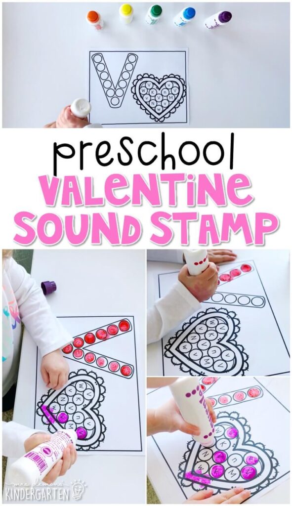 This valentines sound stamping activity is perfect for letter, sound, and fine motor practice with a valentines theme. Great for tot school, preschool, or even kindergarten!