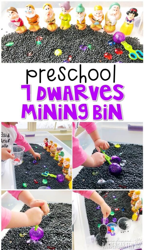 We LOVE this 7 dwarves mining sensory bin. Perfect for exploration with a fairy tale theme in tot school, preschool, or even kindergarten!