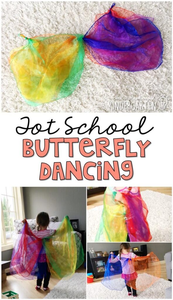 Learning is more fun when it involves movement! Dancing around is one of our favorite gross motor activities so we added scarf butterfly wings to make it a little more fun. Great for tot school, preschool, or even kindergarten!