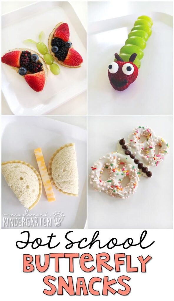 These yummy snacks are perfect for a butterfly theme in tot school, preschool, or kindergarten!