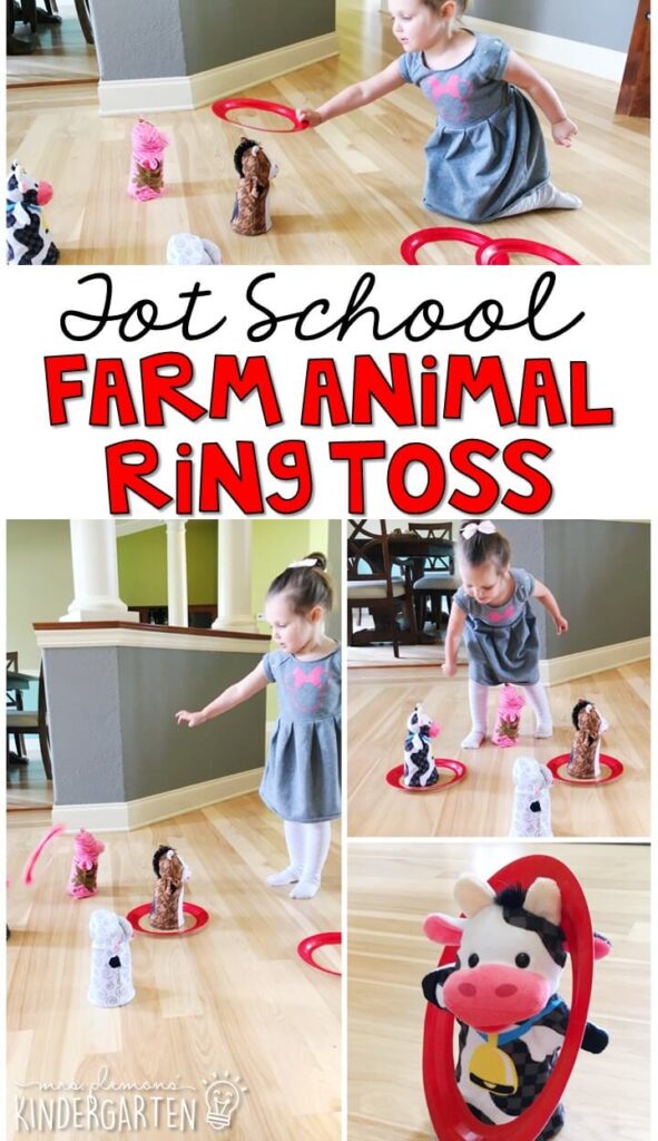 Learning is more fun when it involves movement! Practice aiming and throwing with this farm animal ring toss gross motor activity. Great for a farm animal theme in tot school, preschool, or even kindergarten!