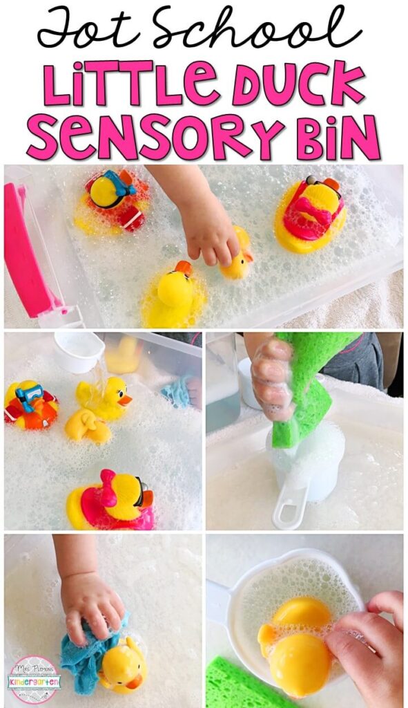 We LOVE this little duck sensory bin. Lots of fun pieces to play with and explore for our spring theme! Great for tot school, preschool, or even kindergarten!