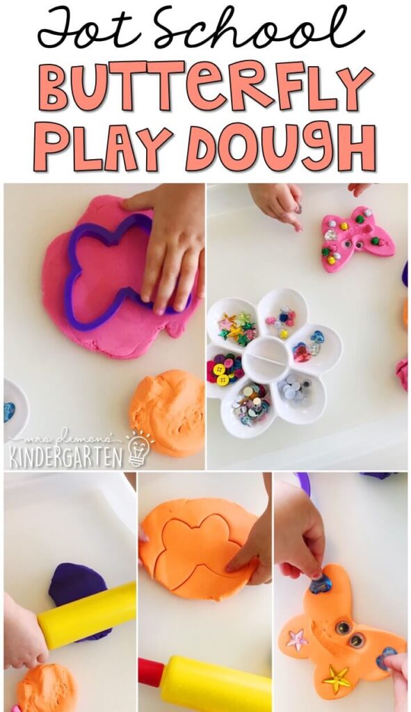 We LOVE this butterfly play dough tray. Play dough is the perfect sensory and fine motor material to explore! Great for a butterfly theme in tot school, preschool, or even kindergarten!