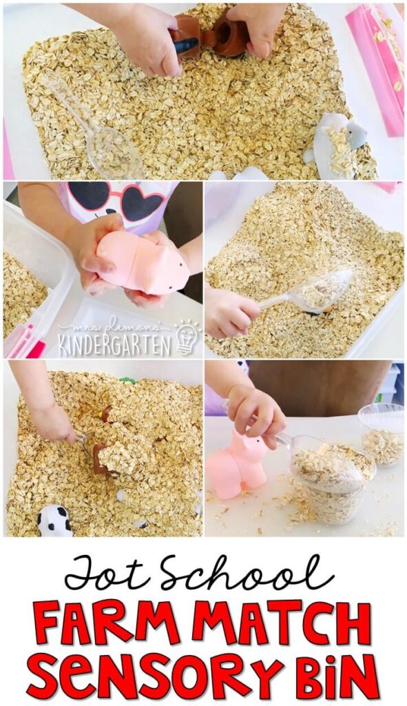 We LOVE this farm animal matching sensory bin. So many fun pieces to play with and explore! Great for tot school, preschool, or even kindergarten!