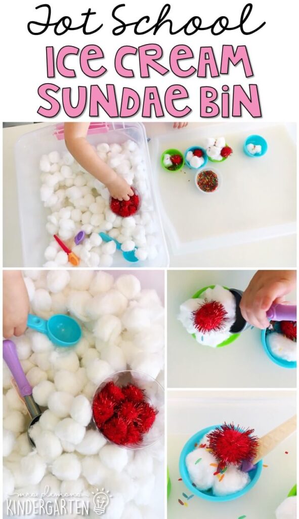 We LOVE this ice cream sundae sensory bin. So many fun pieces to pretend, play, and explore! Great for tot school, preschool, or even kindergarten!