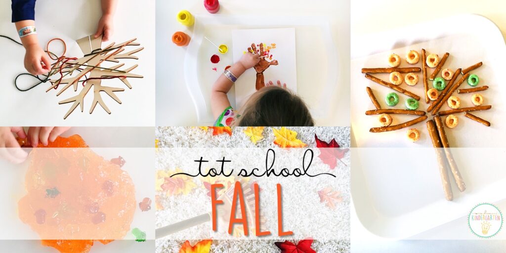 Tons of fall themed activities and ideas. Weekly plan includes books, fine motor, gross motor, sensory bins, snacks and more! Perfect for back to school in tot school, preschool, or kindergarten.