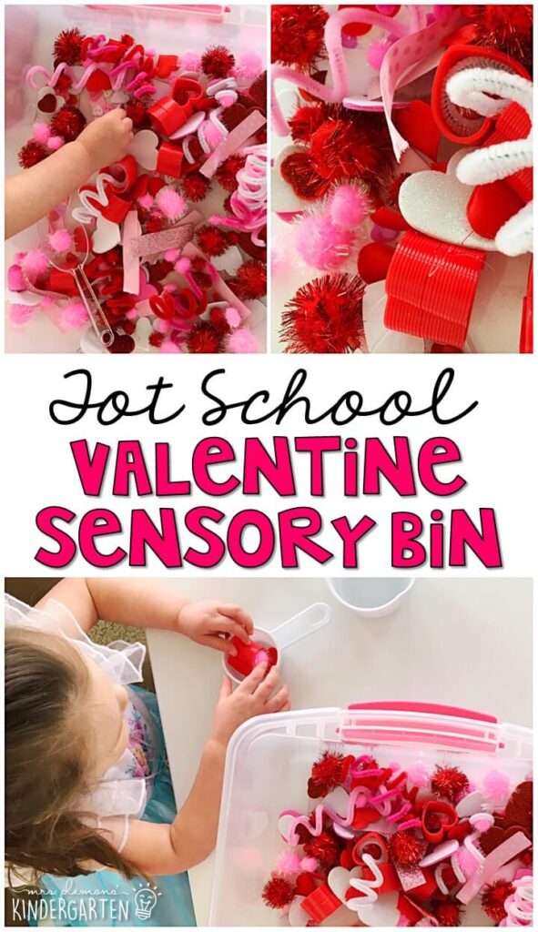 We LOVE this valentine's themed water sensory bin. Water filled sensory bins are always a favorite so dying the water pink and adding sponges kept my girls so engaged! Great for tot school, preschool, or even kindergarten!
