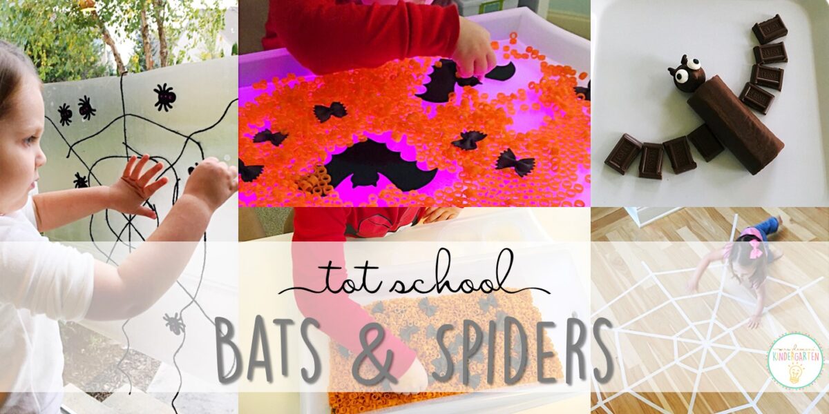 Tons of bat and spider themed activities and ideas. Weekly plan includes books, fine motor, gross motor, sensory bins, snacks and more! Perfect for fall or Halloween in tot school, preschool, or kindergarten.