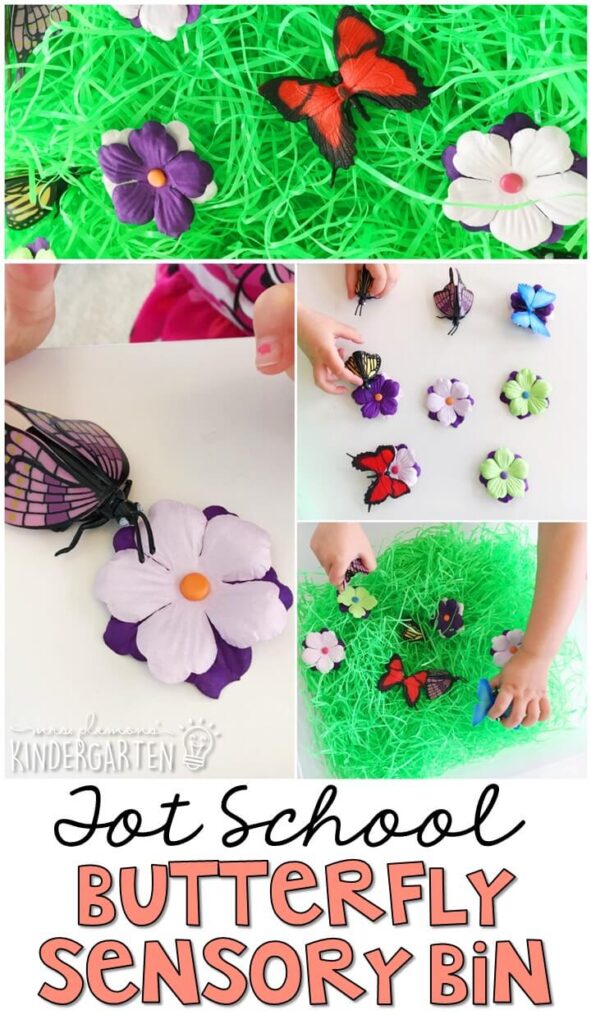 We LOVE this butterfly sensory bin. Lots of fun pieces to pretend, play and explore. Great for tot school, preschool, or even kindergarten!