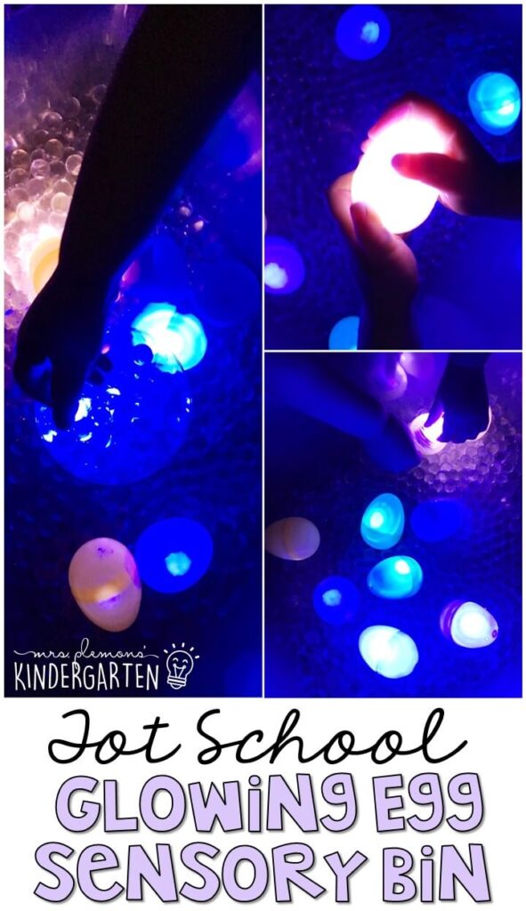 We LOVE this glowing egg sensory bin. So fun and engaging to explore with an Easter theme. Great for tot school, preschool, or even kindergarten!