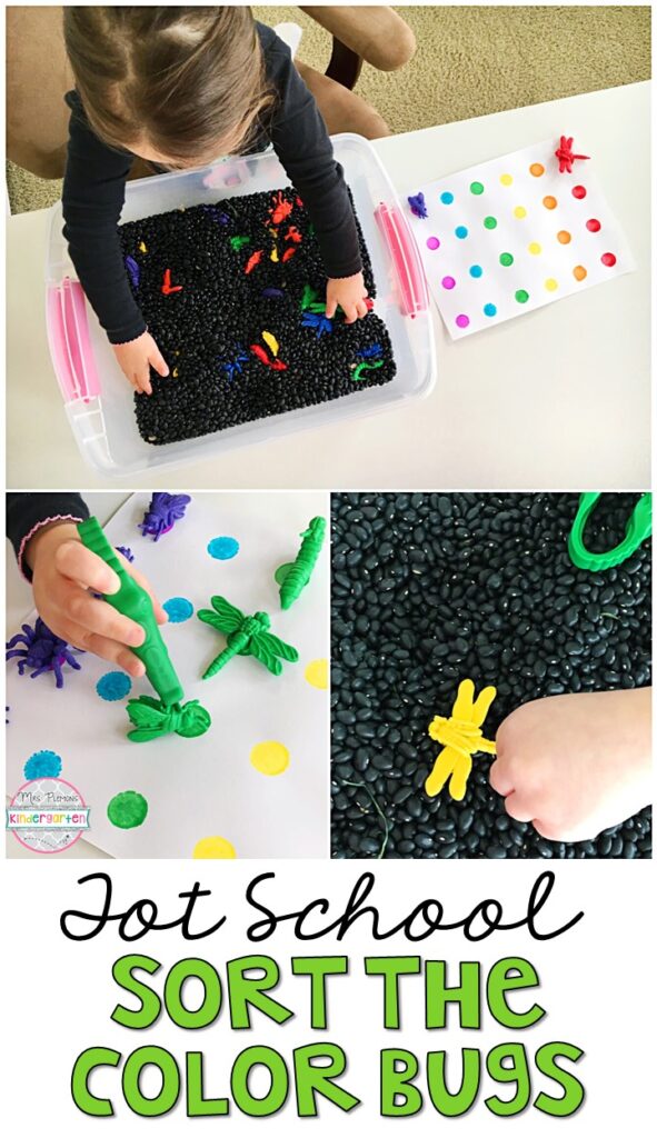 We had so much fun learning about insects and sorting by color with this sort the color bugs sensory bin. Great for an insect theme in tot school, preschool, or even kindergarten!