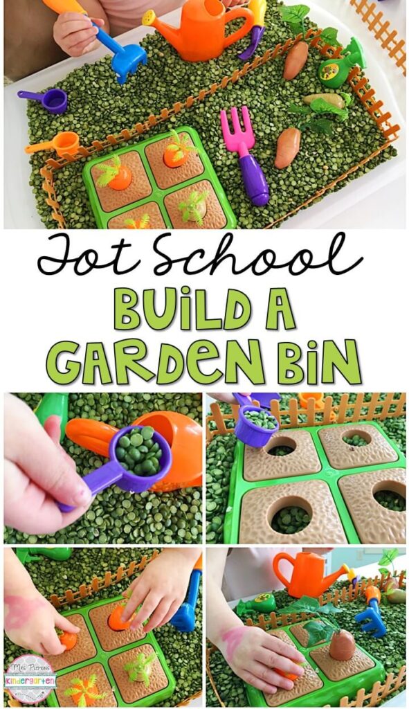 We LOVE this build a garden sensory bin. So many fun items to use for pretend, play and exploration! Great for a plant theme in tot school, preschool, or even kindergarten!