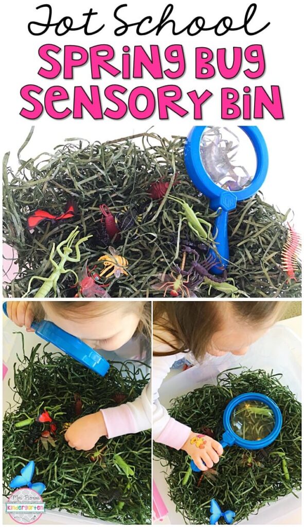 We had so much fun exploring bugs in our spring bug sensory bin. Great for spring in tot school, preschool, or even kindergarten!