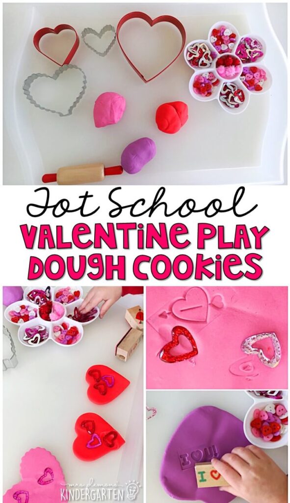 We LOVE play dough for sensory play. Making valentine's play dough cookies was a super engaging way to incorporate fine motor skills, sensory play, and imaginative play in one activity. Great for valentine's day in tot school, preschool, or even kindergarten!