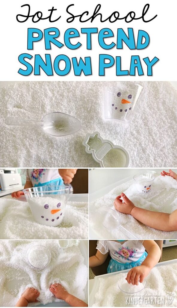 We LOVE this instant fake snow sensory bin. Great for a winter theme in tot school, preschool, or even kindergarten!