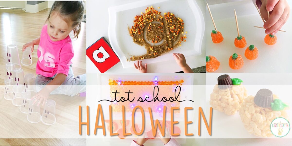 Tons of Halloween themed activities and ideas. Weekly plan includes books, fine motor, gross motor, sensory bins, snacks and more! Perfect for fall in tot school, preschool, or kindergarten.