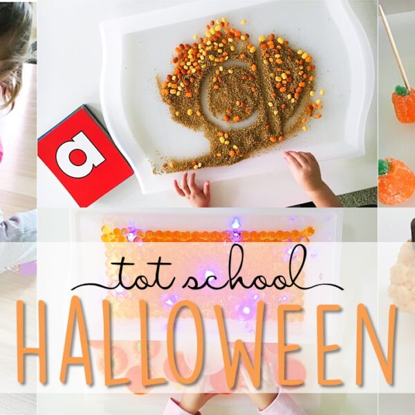 Tons of Halloween themed activities and ideas. Weekly plan includes books, fine motor, gross motor, sensory bins, snacks and more! Perfect for fall in tot school, preschool, or kindergarten.
