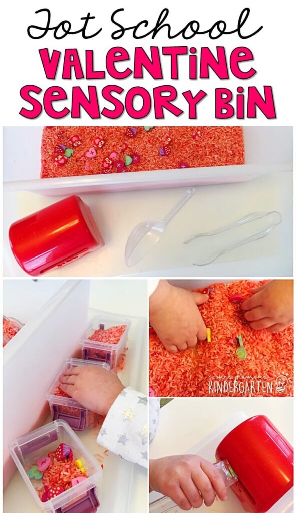 We LOVE this valentine's themed rice sensory bin. So many fun items to pretend, play and explore! Great for tot school, preschool, or even kindergarten!