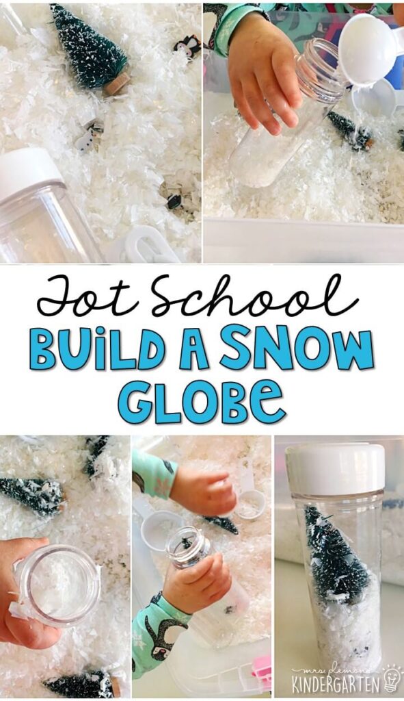 We LOVED playing and building with pretend snow in this build a snowman sensory bin. Great for a winter theme in tot school, preschool, or even kindergarten!
