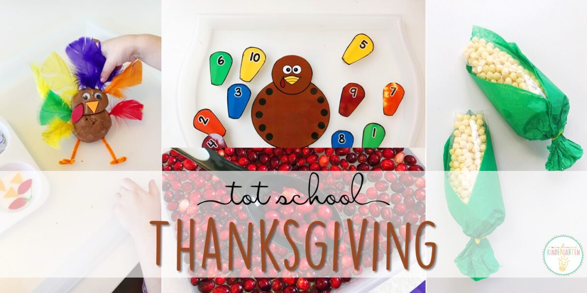 Tons of Thanksgiving themed activities and ideas. Weekly plan includes books, literacy, math, science, art, sensory bins, and more! Perfect for fall in tot school, preschool, or kindergarten.