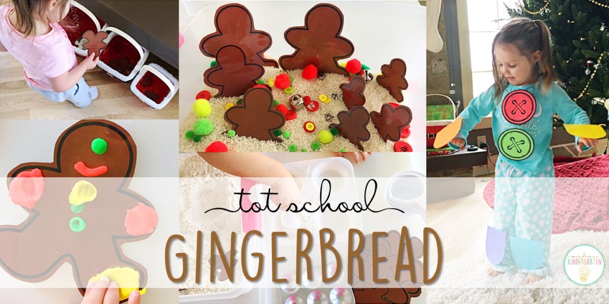 Tons of gingerbread themed activities and ideas. Weekly plan includes books, literacy, math, science, art, sensory bins, and more! Perfect for Christmas time in tot school, preschool, or kindergarten.